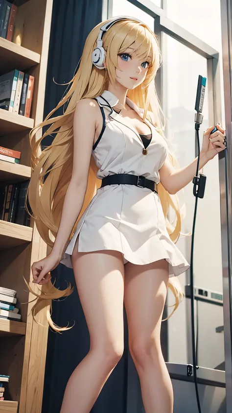 (((White Headphone))), (((Blonde))), (((Tall))), (((Slender))), (((Doctor))), cleavage, (((Beautiful face))), (((anime))), (((Pastel))), (((Beautiful Legs)))