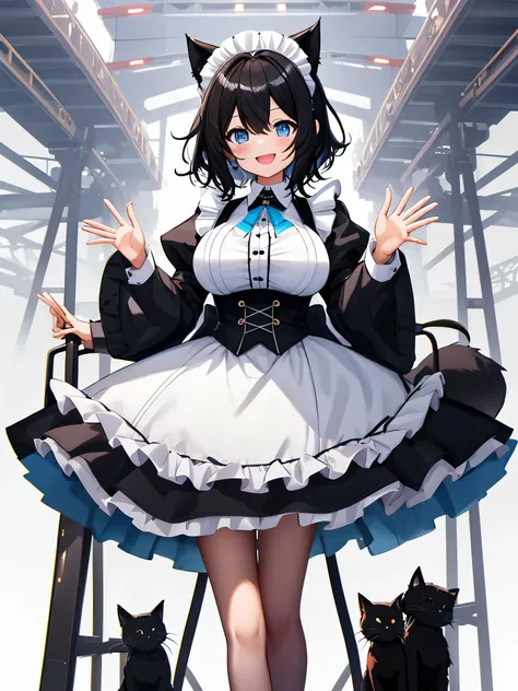 on lap,((((upright)))), ((((stand up)))), looking at the viewer, simple background、white background, 1 girl, open your mouth, smile, Virtual YouTuber、with a girl、((highest quality, expensive_solve, clear_image)),(black hair), (black cat ears), (Ahoge), (ri...