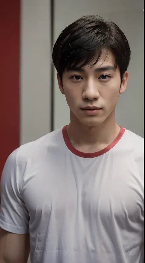 Realistic masterpiece, young Chinese man, Chinese male actor, Deng Lun อายุ 18 ปี,  handsome, Good shape, big muscles, black hair,, Bright black eyes, Narrow eyes, Prominent nose, Thin mouth, Height 180 cm, Good shape, Wear a basketball uniform, large bulg...