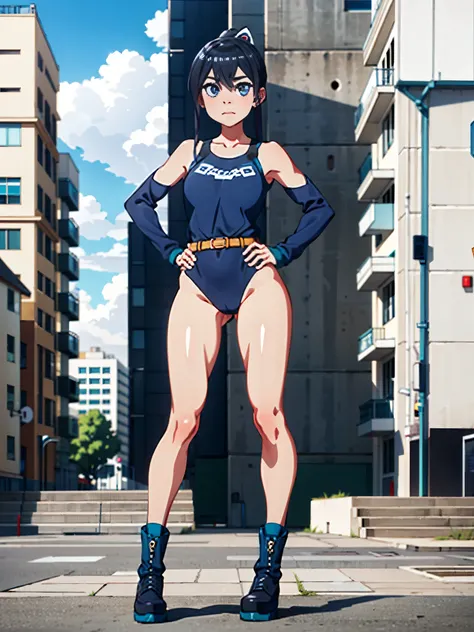 1girl, superhero, leotard, bare legs, boots, standing, solo focus, tight belt, hands on hip, full body shot, rena hananoi, city backdrop, sleeveless, ultra highres, absurdres, beautiful face, detailed eyes, symmetric eyes, {{only five fingers}}