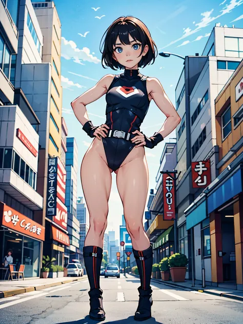 1girl, superhero, leotard, highleg leotard, bare legs, boots, standing, solo focus, tight belt, hands on hip, full body shot, city backdrop, sleeveless, ultra highres, absurdres, beautiful face, detailed eyes, symmetric eyes, {{only five fingers}}