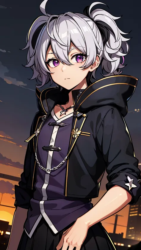 (high-quality, breathtaking),(expressive eyes, perfect face) 1male, male , solo, teenager, short hair length, wavy curly hair, messy hair, white and black hair color, multicolored hair, deep purple eye color, music, mature, haunting twilight background, sl...