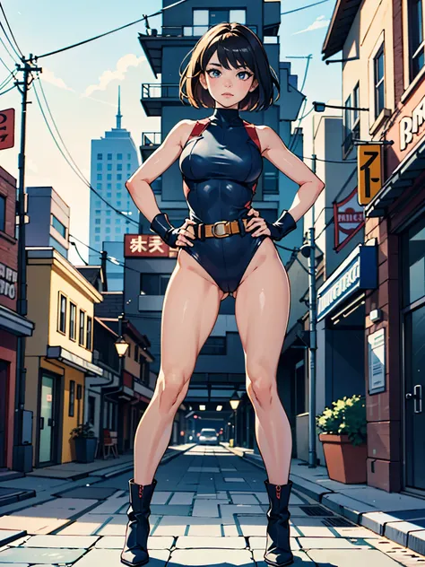 1girl, superhero, leotard, highleg leotard, bare legs, boots, standing, solo focus, tight belt, hands on hip, full body shot, mature lady, city backdrop, sleeveless, ultra highres, absurdres, beautiful face, detailed eyes, symmetric eyes, {{only five finge...