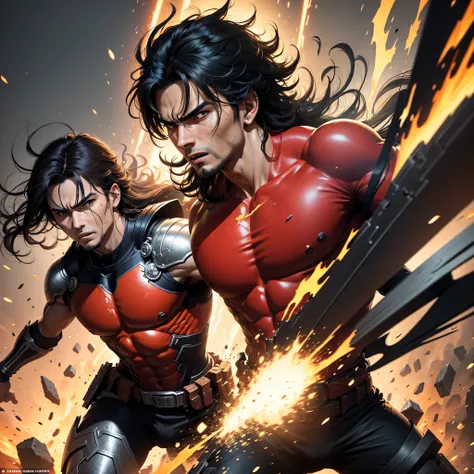 melhor qualidade,ultra-detalhado,realista,enhanced and vibrant cores,studio lighting,Physically based rendering, homem jovem forte ,olhos verdes e castanhos detalhados,facial energetic expression,messy black hair, red hero costume,Focused and specific pose...