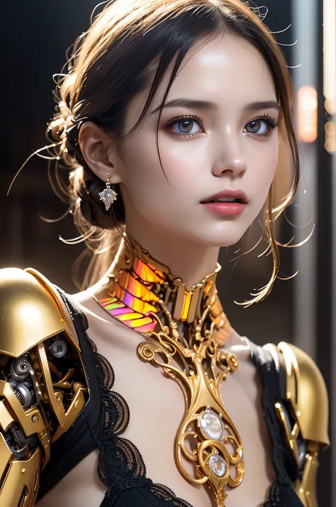 (1girl), (human face, human skin:1.3), Highly Detailed Beautiful girl, (extremely detailed beautiful face), Amazing face and eyes, beautiful breasts, (Highest Quality: 1.4), (Super Detailed), (Very Delicate and Beautiful), golden body, Biomechanical Cyborg...