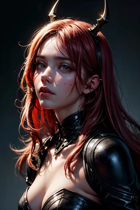 (best quality, ultra-detailed, realistic:1.37), dark fantasy portrait, surreal atmosphere, vibrant colors, ethereal lighting, mystical horns and scratched face, captivating gaze, delicate facial features, alluring expression, mesmerizing red hair flowing, ...