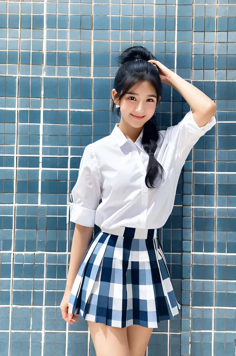 An 18-year-old high school girl wearing a white shirt and a light blue plaid miniskirt..（black hair ponytail）