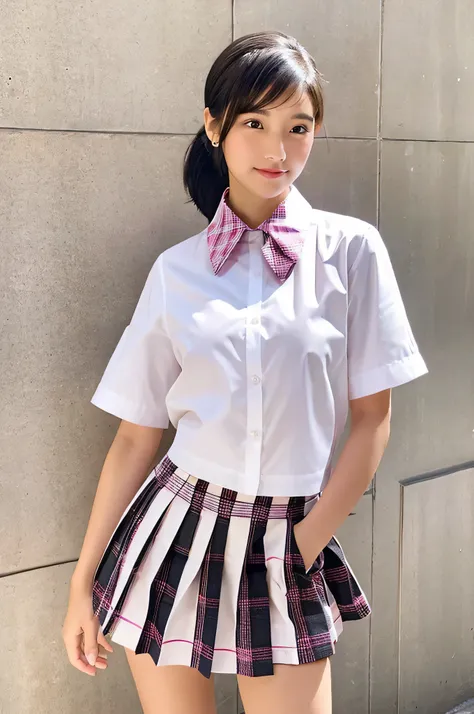 An 18-year-old high school girl wearing a white shirt and a pink plaid miniskirt..（black hair ponytail）