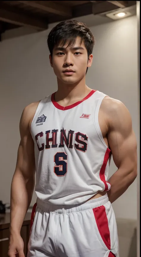 Realistic masterpiece, young Chinese man, Chinese male actor, 邓伦 20 years old,  handsome, Good shape, big muscles,Plump muscles, black hair,, Bright black eyes, Narrow eyes, Prominent nose, Thin mouth, Height 180 cm, Good shape, Wear a basketball uniform, ...