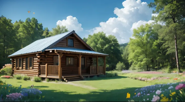 cabin in the woods in spring，surrounded by flowers and butterflies，blue sky and white clouds，