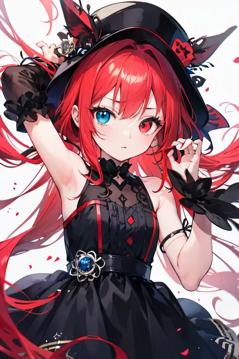 child girl with long red hair, Eyes with blue and red heterochromia and black dresses