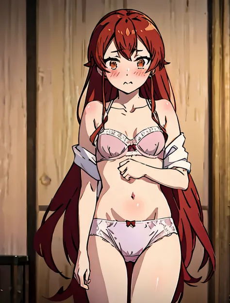 Eris, a girl, red hair, blush, emotional, long hair, underwear, bra, panties, shy, 