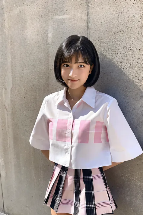 An 18-year-old high school girl wearing a white shirt and a pink plaid miniskirt..（Black Hair Bob Cut）