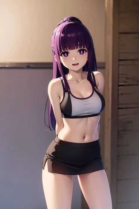 fern, long hair, bangs, (purple eyes:1.1), purple hair, sidelocks, blunt bangs, (bright pupils:1.5), half updo,large breast ,BREAK (sports bra，mini-skirt:1.2)，（nice leg line:1.3）, BREAK looking at viewer,to stand,cool face， cheerfulness,downy，（facefront）, ...