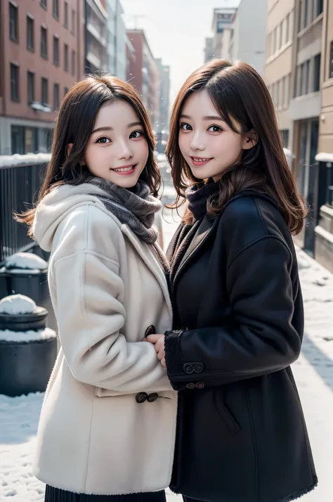 (2young girls), (Ultra realistic), (warm mink coat, woolen scarf:1.3), upper body, caute smile, (best quality:1.4), Raw photo, (realistic, photo-realistic:1.37), professional photography, cinematic light, outdoors, snowy,