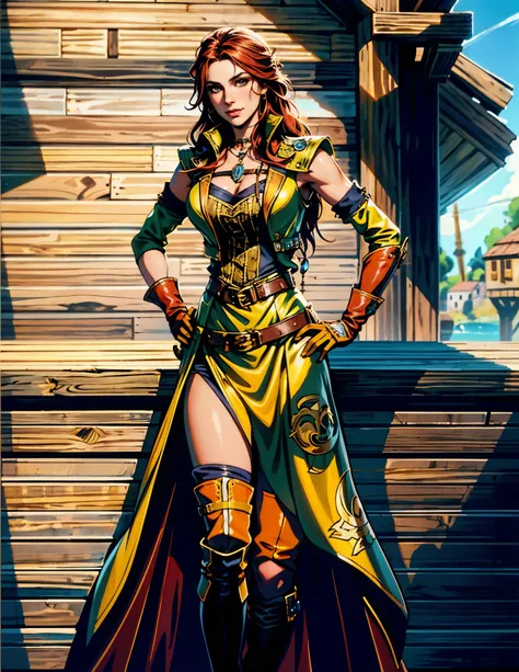 A beautiful woman with flowing orange long hair, exquisite facial features, a playful smile, confident eyes, a tall figure, a two-piece fantasy-style pirate robe coat, yellow as the main color and red as the auxiliary color, long wrist guard gloves on her ...