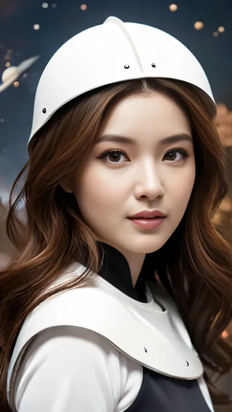 Ultra-high definition images、Woman with wavy chestnut hair and eyes、white medieval armor、eye shadow、cute face details、Full body high-definition engraving、space background image