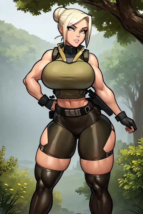 masterpiece, female, slender, blonde hair in bun, tactical vest , busty, thick thighs, midriff, jungle