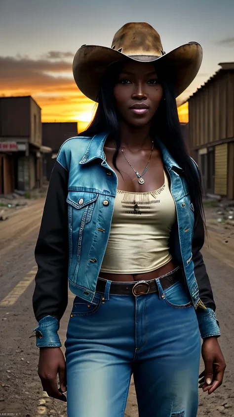 Foto hiperrealista en primer plano de Naomi Campbell, masterpiece, best quality, (photorealistic:1.4), (cowboy outfit, jacket over shirt and jeans pants) Create dystopian masterpieces. Western theme, dusty atmosphere, wooden buildings, a setting sun castin...