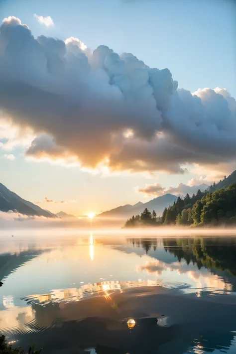 Lakes and mountains，Blue water and blue sky，Green peaks like forests，The sea and the sky are the same，shrouded in mist，A sea of clouds，Sunrise and sunset，Golden glow sprinkles the earth，Reflecting the endless beauty of nature。