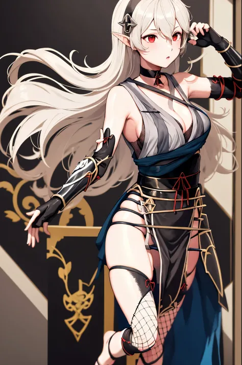 ninCorrin, ninja, black hairband, choker, japanese clothes, japanese armor, fingerless gloves, sash, arm guards, fishnets, pelvic curtain, toeless legwear