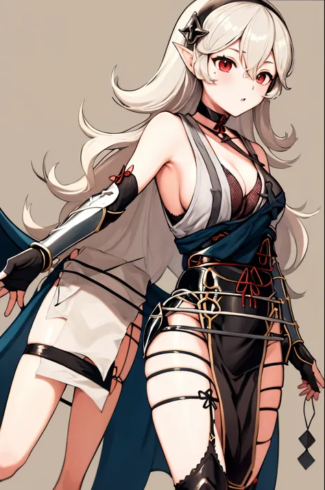 ninCorrin, ninja, black hairband, choker, japanese clothes, japanese armor, fingerless gloves, sash, arm guards, fishnets, pelvic curtain, toeless legwear