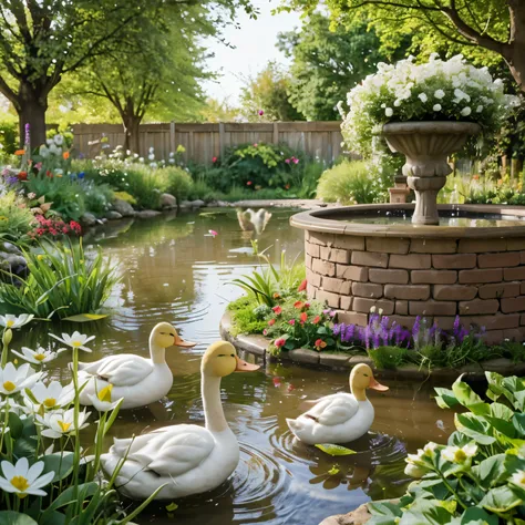 hay muchas flores blancas y patos en un estanque, estanque realista, peaceful scene, garden background, foto, Garden pond scene, very beautiful foto, escena tranquila, 4k, ambiente floral, hermosos fondos, peaceful and serene