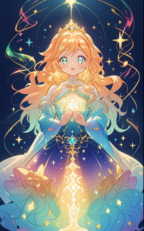 beautiful girl, puffy tiered rainbow ballgown, princess, intricate dress design, (colorful), long wavy hair, magical lights, sparkling magical liquid, inspired by Glen Keane, inspired by Lois van Baarle, disney art style, by Lois van Baarle, glowing aura a...