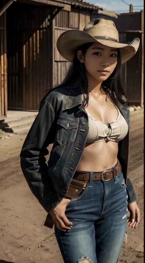 Foto hiperrealista en primer plano de Kim Ji-soo, masterpiece, best quality, (photorealistic:1.4), (cowboy outfit, jacket over shirt) Create dystopian masterpieces. Western theme, dusty atmosphere, wooden buildings, a setting sun casting long shadows, aged...