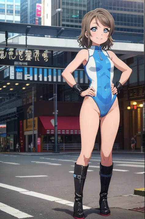 (((pixel-perfect, detail-perfect))), solo, single, solo focus, 1girl, you watanabe, looking at viewer, smile, superhero, leotard, tight belt, bare legs, boots, standing, hands on hip, full body shot, city backdrop, sleeveless, ultra highres, absurdres, ((o...