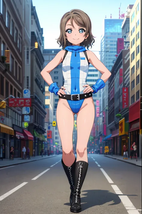 (((pixel-perfect, detail-perfect))), solo, single, solo focus, 1girl, you watanabe, looking at viewer, smile, superhero, leotard, tight belt, bare legs, boots, standing, hands on hip, full body shot, city backdrop, sleeveless, ultra highres, absurdres, ((o...