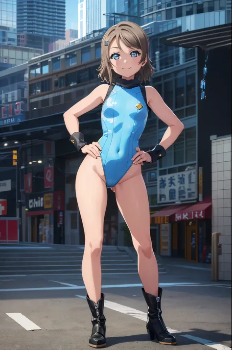 (((pixel-perfect, detail-perfect))), solo, single, solo focus, 1girl, you watanabe, looking at viewer, smile, superhero, leotard, bare legs, boots, standing, hands on hip, full body shot, city backdrop, sleeveless, ultra highres, absurdres, ((only five fin...