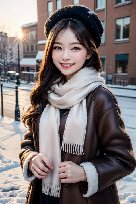 (1young girl),  (Ultra realistic), (warm mink coat, woolen scarf:1.3),  upper body,  big smile,  laugh innocently, Beret, stylish outfit, (best quality:1.4),  Raw photo, (realistic,  photo-realistic:1.37), professional photography, cinematic light, outdoor...