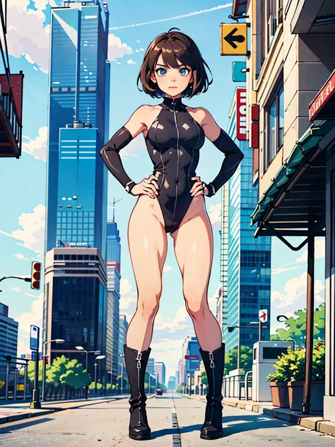 (((pixel-perfect, detail-perfect))), 1girl, superhero, leotard, highleg leotard, bare legs, boots, standing, solo focus, tight belt, hands on hip, full body shot, mature lady, city backdrop, sleeveless, ultra highres, absurdres, beautiful face, detailed ey...