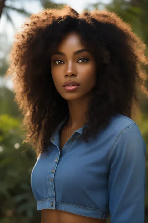 (front view) very detailed photograph of a black woman, dark skin, (with curly hair), (symmetric beautiful face) nice and well d...