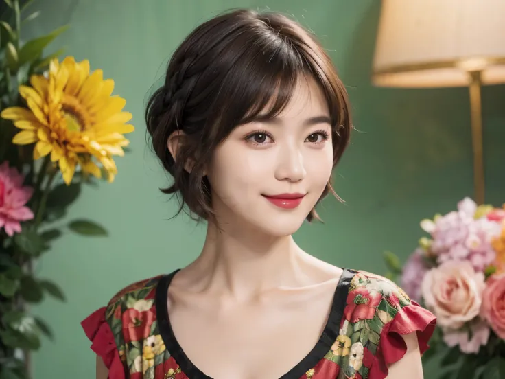 148
(20 year old woman,Floral costume), (surreal), (High resolution), ((beautiful hairstyle 46)), ((short hair:1.46)), (gentle smile), (breasted:1.1), (lipstick)