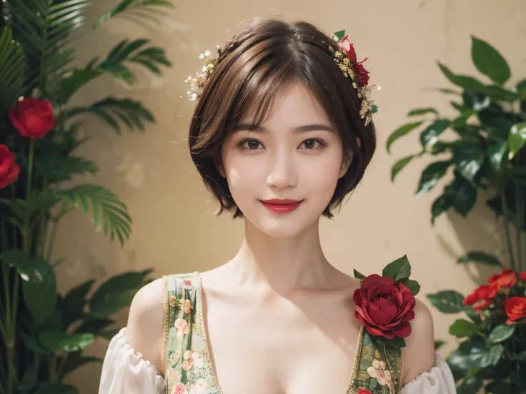 148
(20 year old woman,Floral costume), (surreal), (High resolution), ((beautiful hairstyle 46)), ((short hair:1.46)), (gentle smile), (breasted:1.1), (lipstick)