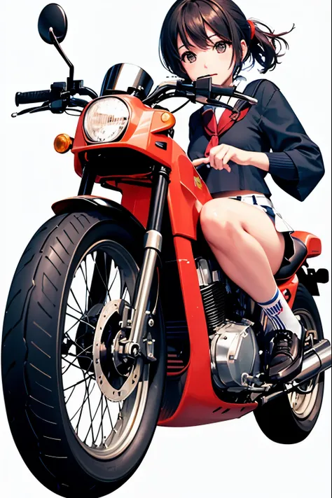 Japan schoolgirl riding motorcycle,super mini skirt、white panties、Happy!!!, , motorcycle,[ realistic pictures ]!!, High resolution,No sleeve、white panties