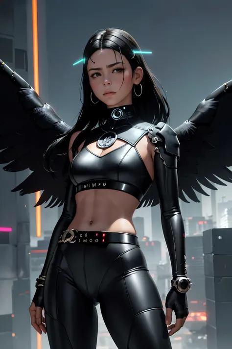 (8k), Rosto altamente detalhado,obra de arte, Bela , gigantescas asas de ciborgue preto, wings have neon lights, asas abertas,, em armadura de metal apertada, metallic belt, Electronic armature elements, 20 anos, a pele abaixo do terno tem linhas brilhante...