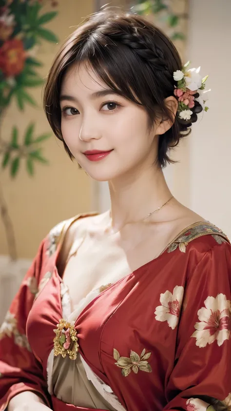 148
(20 year old woman,Floral costume), (surreal), (High resolution), ((beautiful hairstyle 46)), ((short hair:1.46)), (gentle smile), (breasted:1.1), (lipstick)
