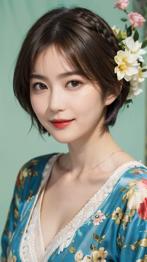 148
(20 year old woman,Floral costume), (surreal), (High resolution), ((beautiful hairstyle 46)), ((short hair:1.46)), (gentle smile), (breasted:1.1), (lipstick)