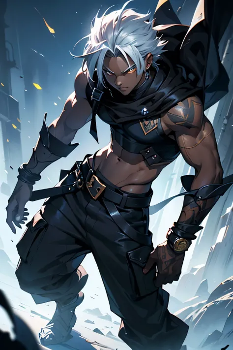 teenage boy, male, dark skin, Fallen of Albaz from yu-gi-oh, modern clothes, young face, short white hair, dreamy gold eyes, athletic body, large black and silver cargo pants, sadistic, scarred face, beautiful intricate hair, soft lighting, young detailed ...