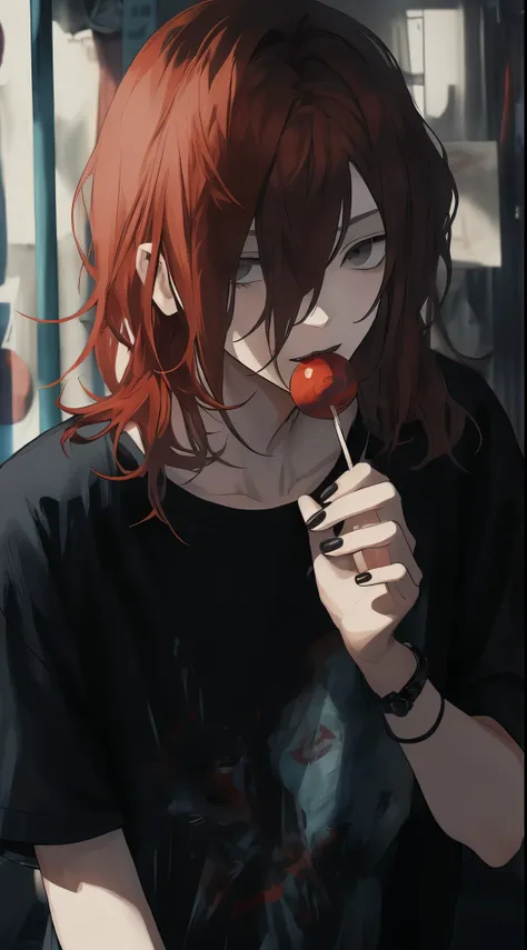 ((gray eyes)),  thick lips, beautiful young man, red hair, shoulder length hair, slit eyes, lollipop, black casual clothes, mono...