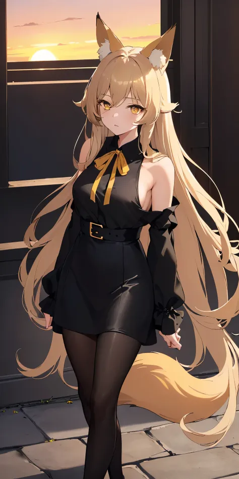 (top quality, masterpiece, high quality, ultra-delicate), fox ears, ((beautiful girl)), (smooth dark blonde hair), mature, graceful curves, (long hair, long bangs), sunset-like Yellow eyes, modern clothing, fashionable clothing, black collar, black shirt, ...