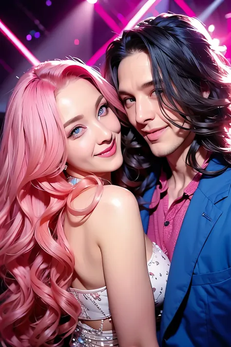 Woman, long curly hair, pink hair, blue eyes, smile, party, sexy nightclub,Man next to woman 