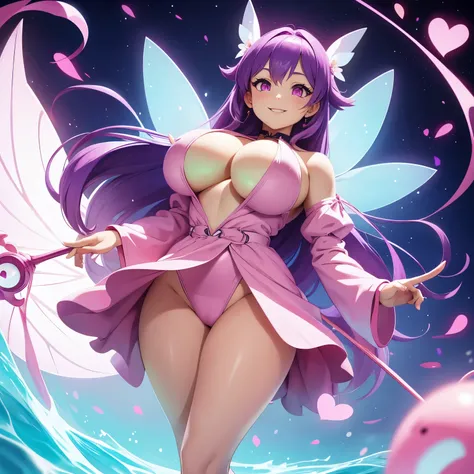 Fairy, purple hair, pink eyes, smiling, big boob, big thighs, loose clothing, floating, red cheeks, floating hearts