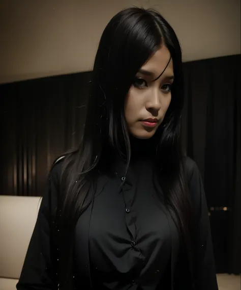 there is a woman standing in a room with a black shirt, taken with canon 5d mk4, female with long black hair, girl with black hair, photograph of a techwear woman, woman with black hair, taken with canon eos 5 d mark iv, taken with canon eos 5 d, with long...