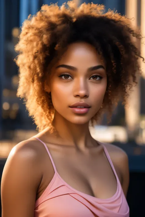 (front view) very detailed photograph of a mixed race woman, light skin, (with curly hair), (symmetric beautiful face) nice and ...