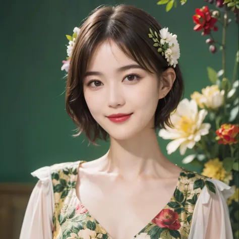 148
(20 year old woman,Floral costume), (surreal), (High resolution), ((beautiful hairstyle 46)), ((short hair:1.46)), (gentle smile), (breasted:1.1), (lipstick)