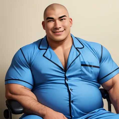 (highest quality:1.5), (masterpiece:1.5), (simple room:1.1), white wall, (Japanese:1.2), solo, shaved head, (macho:1.2), (huge body:1.4), fat, 22 years old, short sleeve blue pajamas,sitting in a doctor&#39;s chair, (from front:1.8), smile, close-up face,